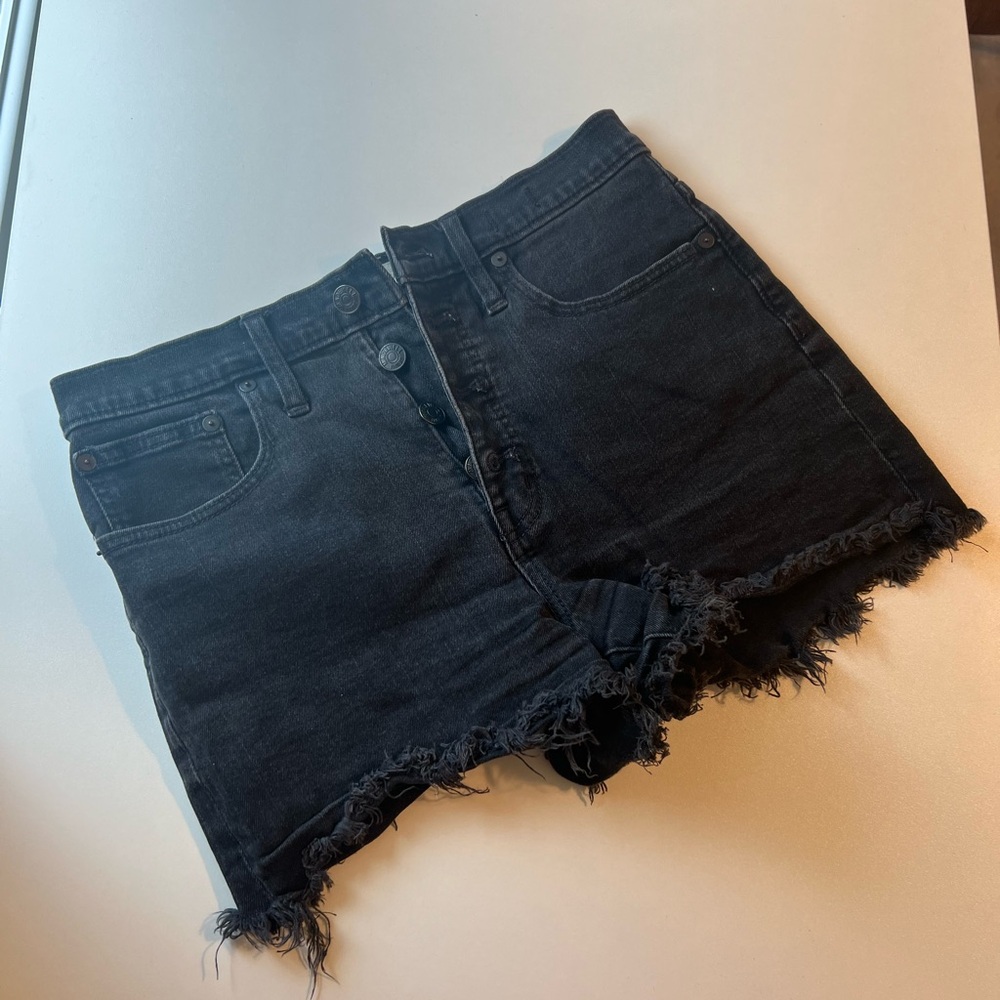 Button Front, High Rise, Black Denim Shorts